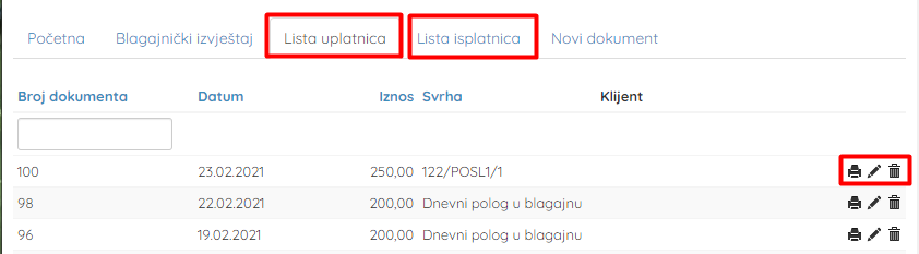 Lista uplatnica / isplatnica