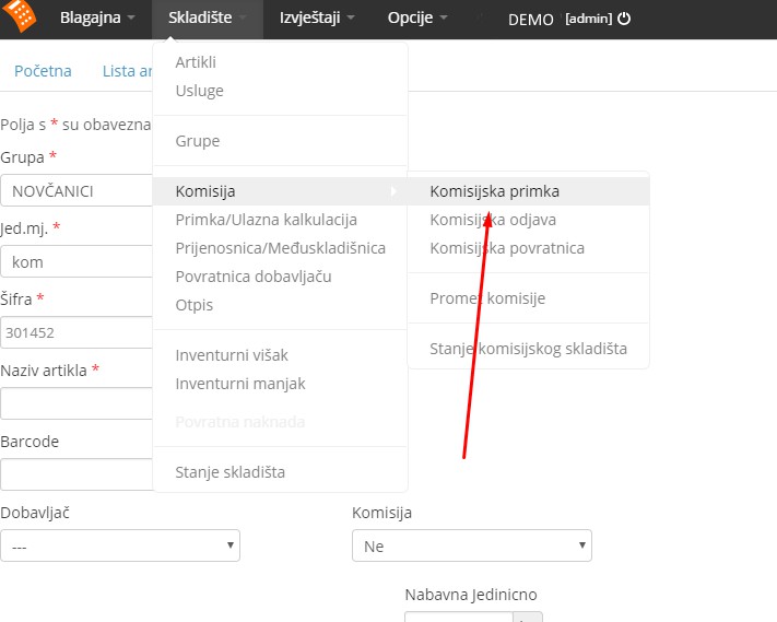 Komisijska prodaja - zaprimanje artikala